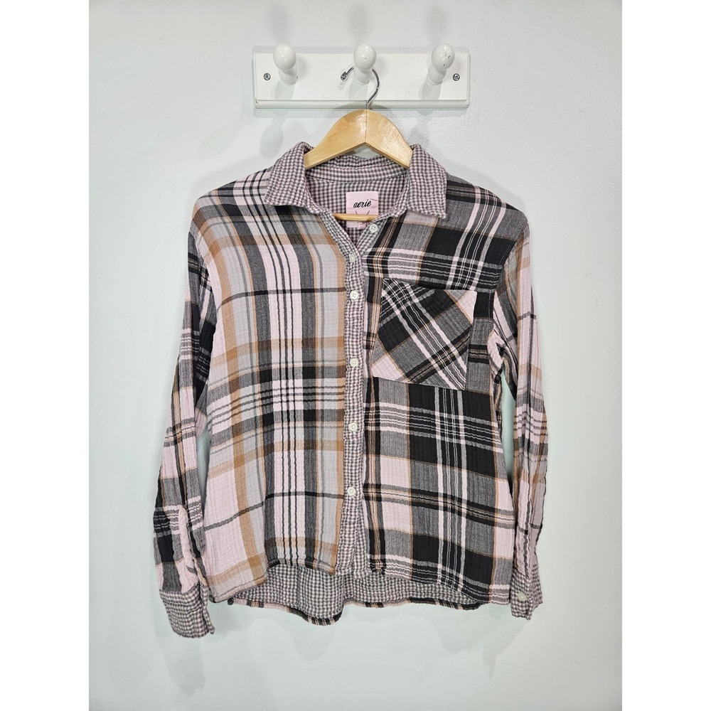 Aerie Womens XS Pink Black Mixed Plaid Gingham Double Gauze Button Down Shirt